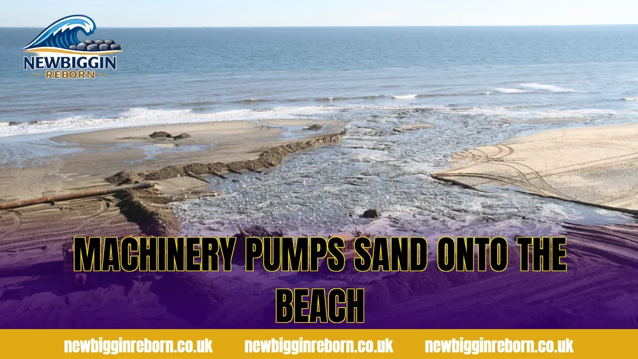 Machinery pumps sand onto the beach